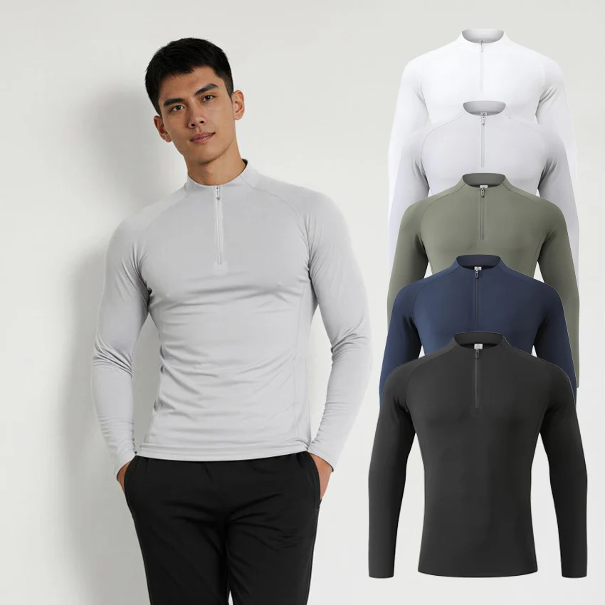 

Autumn Winter Outdoor Half-zipper Stand-up Collar Quick-drying Sports Long-sleeved Gym Fitness Running Training Suit T-shirt Men