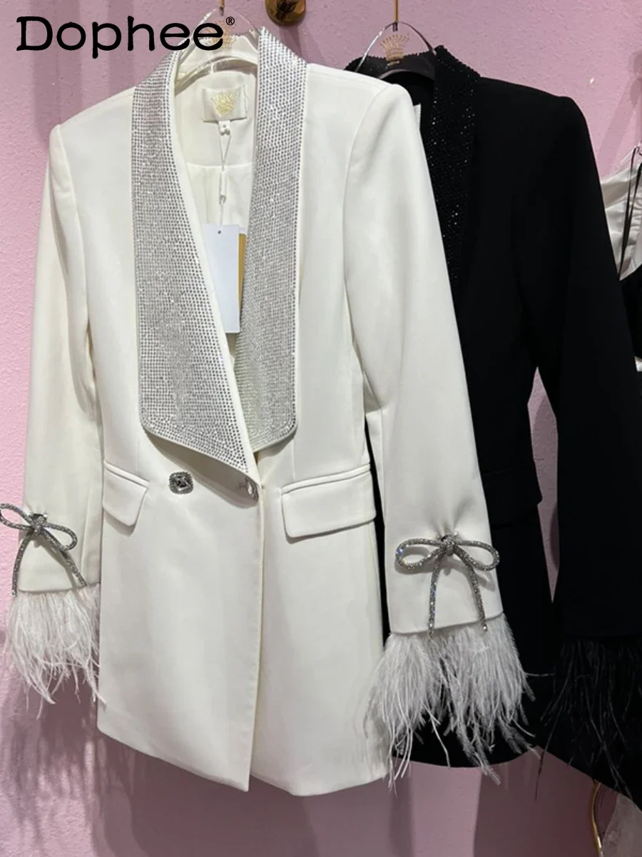 

High Quality Commuter Slimming Feather Decoration Rhinestone Suit Jacket Women Fall 2022 Winter New White Blazer Coat Outerwear