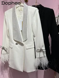 High Quality Commuter Slimming Feather Decoration Rhinestone Suit Jacket Women Fall 2022 Winter New White Blazer Coat Outerwear