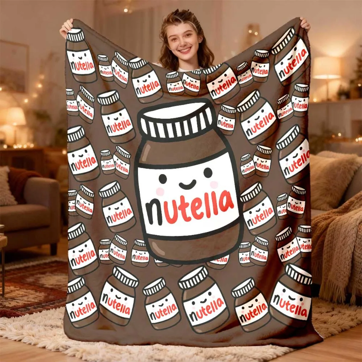 2026 New Release 1pc Cozy Nutella Cartoon Fleece Blanket Soft, Warm, and Tear-Resistant, Brown with Playful Nutella Bottle Desig