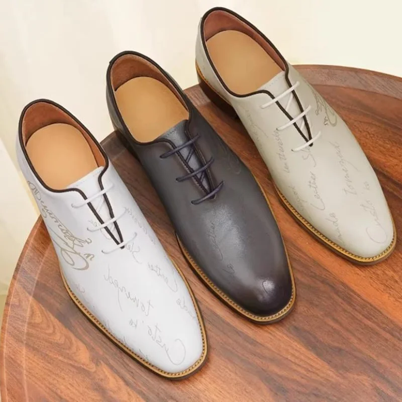 

New One-piece Laser Engraved Letters Men's Leather Shoes Genuine Leather Business Oxford Shoes Wedding Dress Shoes Large Size 46