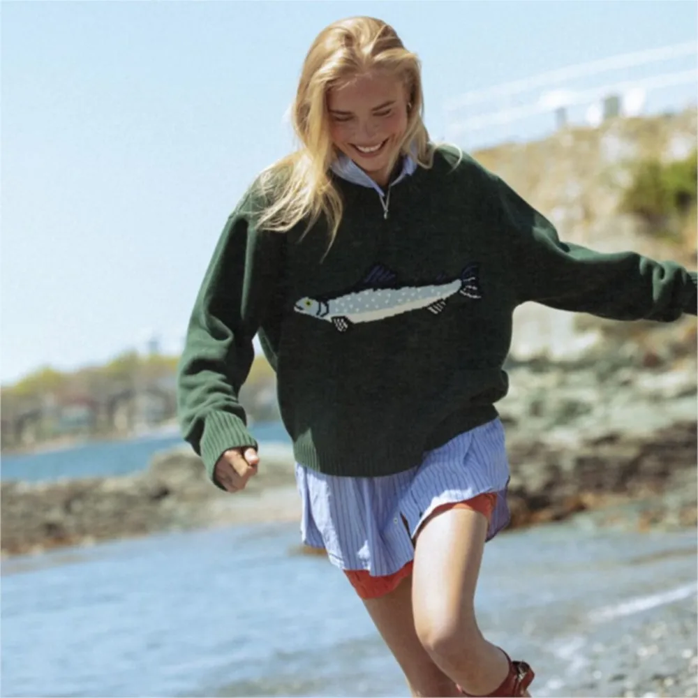 Women's Spring Autumn Fashion Sweatshirt Fish Print New Arrival American Retro Style Casual Crew Neck Loose Knit Sweater