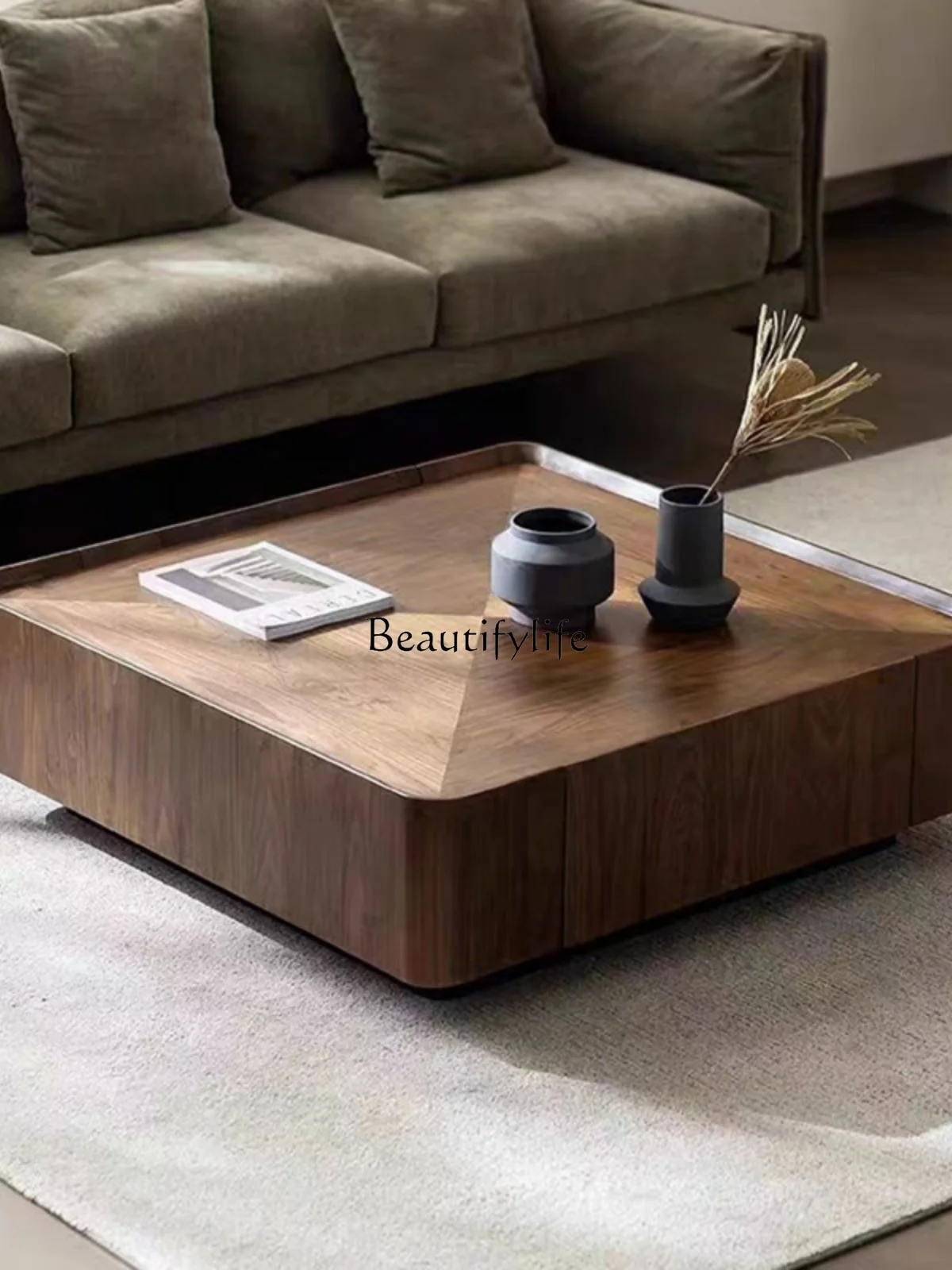 Italian Minimalist North American Black Walnut Solid Wood Coffee Table Square Storage Modern Simple Coffee Table