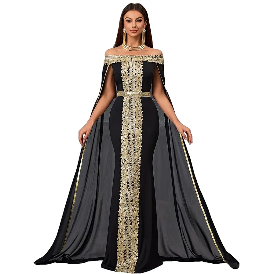 

Gala Evening Party Dress Women's Prom Cape Dress with Pageant Shower Gown Black Gold Appliques Chiffon Dress