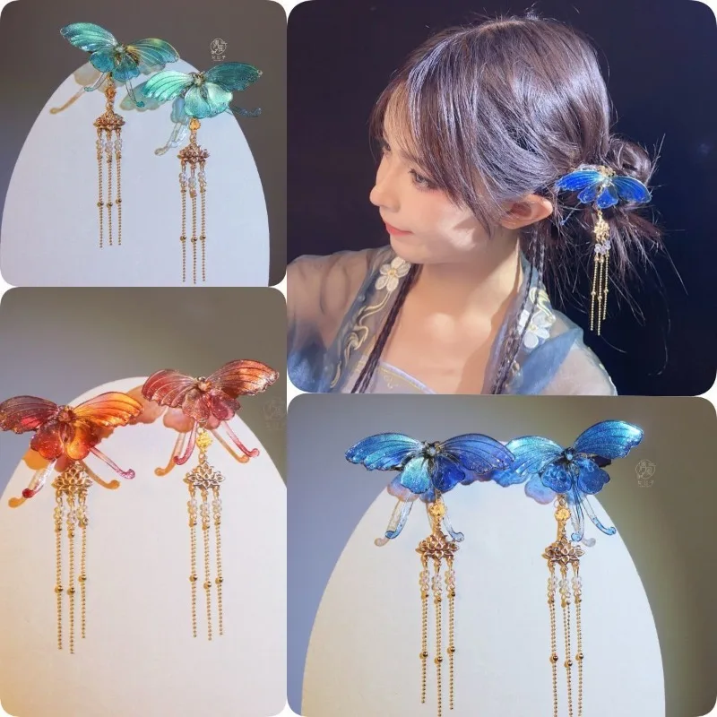 

Кустарное ремесло из смолы, двойные заколки для волос с мотивом бабочки, винтажный китайский аксессуар Hanfu Qipao, элегантный традиционный подарок для женщин