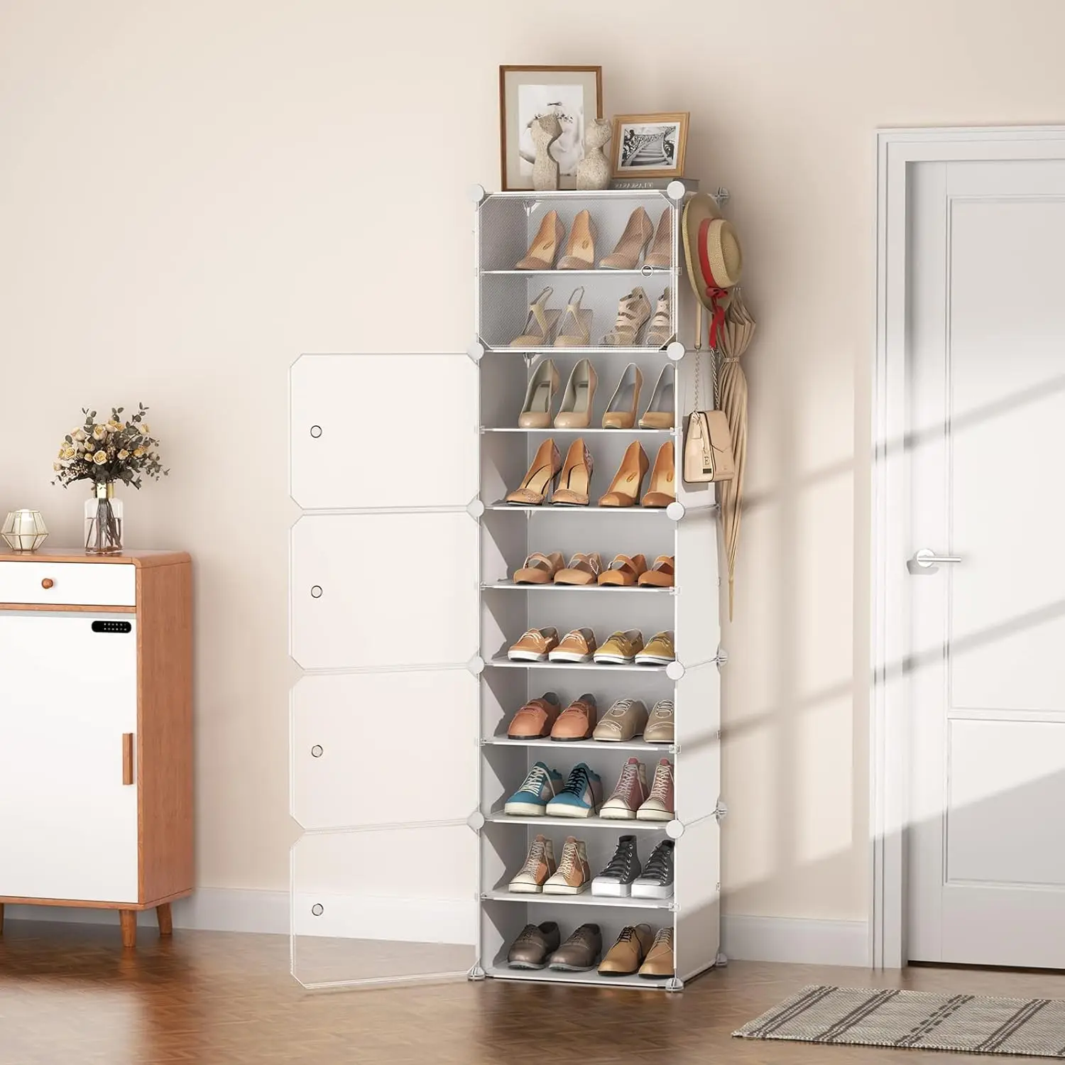 LANTEFUL 10 Tier Shoe Storage Cabinet with Door, Portable Narrow Organizer Rack for 20 Pairs, White Plastic with Hooks for Entry