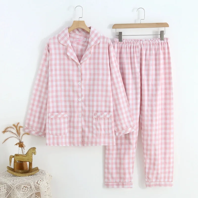 Spring Autumn Couples Pajama Set 100% Cotton Double Layer Gauze Men's and Women's Japanese Plaid Set Long sleeved Home Fury