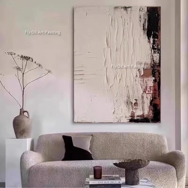 Original Simple Design Handmade Beige Abstract Thick Oil Painting Modern Black Brown Canvas Wall Art For Living Room Decor