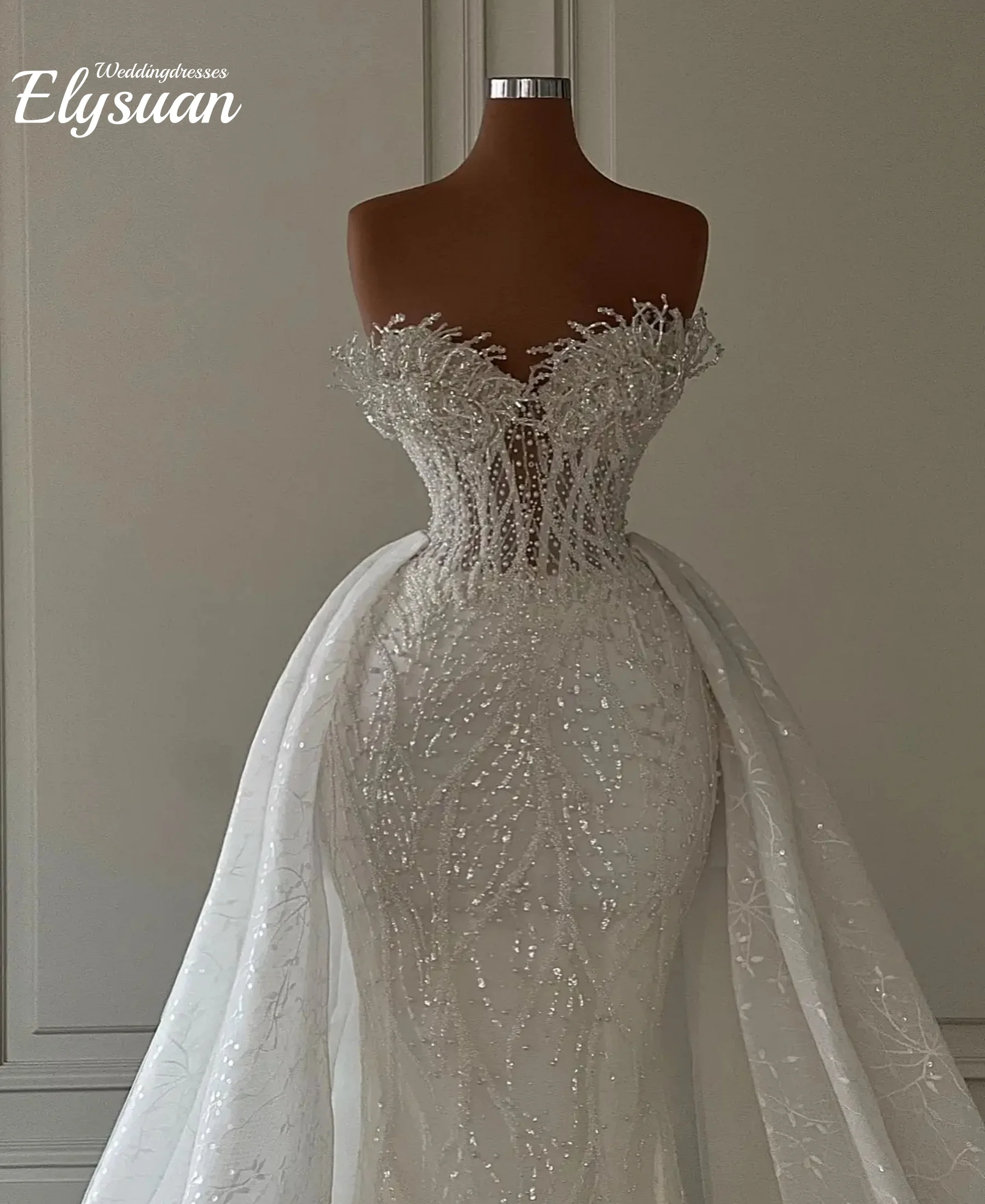 Customized Luxurious Mermaid Wedding Dresses  Bride Strapless Heavy Beaded Lace 2 In 1 Detachable Overskirts Bridal Gown  Vestid