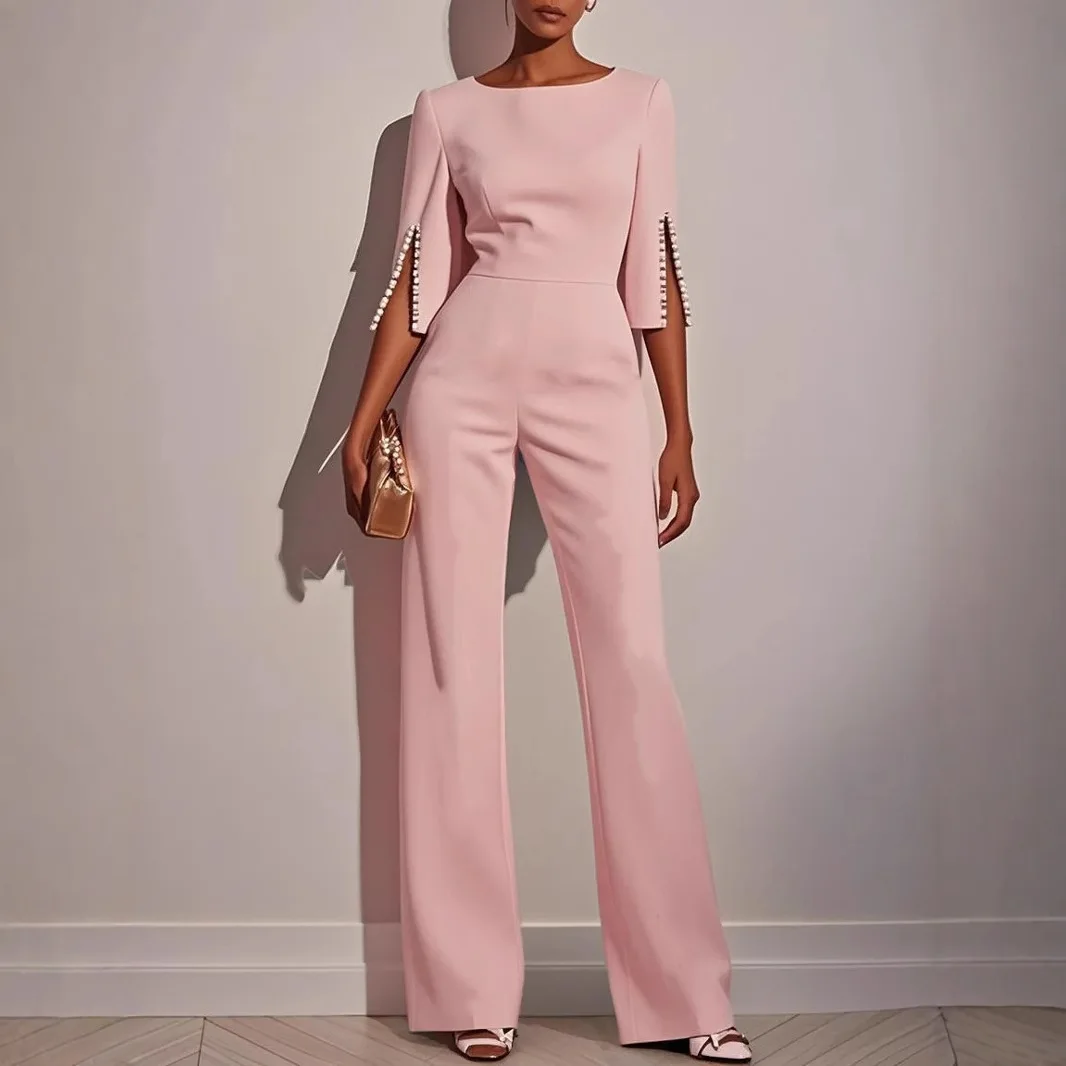 2025 Women's Jumpsuits Beaded Decorative Slim Trousers Three-quarter Sleeves Office Evening Pink Fashion Business Playsuit