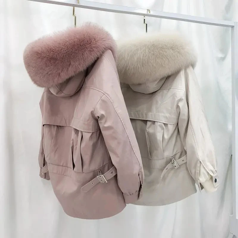 

Real Fox Fur Parkas winter Women Female Coat 2025 New Style Fur Coat Detachable Winter Fox Fur Collar Rabbit Liner Short Outcoat