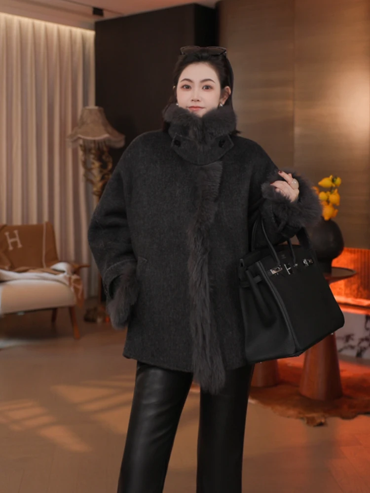 

the Meng High Weight Wool Fur Collar Loose Women's Coat ey Winter Outerwear Long Sve Stand Collar Regular Thin