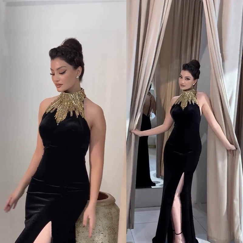 

Elegant Black Backless Slit Long Dress Gold Diamond Embellished Casual Attractive Wrap Dress for Party Wedding Date Night out