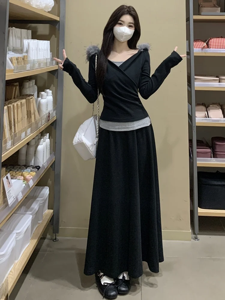 

Комплект женской одежды больших размеров: модный костюм с воротником из норки, черная юбка и топ с капюшоном, длинное платье с высокой талией для осени и зимы, для повседневной носки