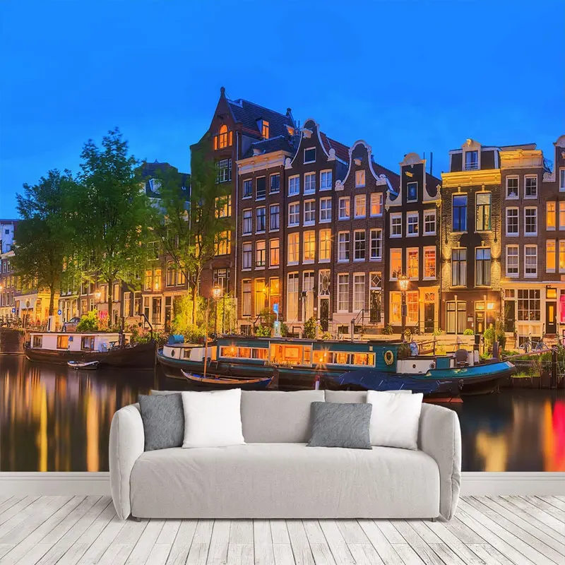 

Full Wall Mural Art Wallpaper For Bedroom Fabric Textile Wallcoverings Amstel River Canal Beautiful Amsterdam City Night Custom