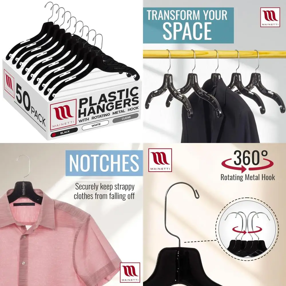 

50-Pack 17-Inch Black Plastic Hangers with 360 Swivel Metal Hook for Shirts, Tops, Dresses