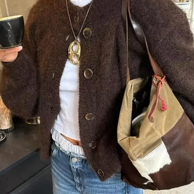 

MUJO Fashion Elegant Women's Knitted Button Jacket Brown Maillard Lazy Knitted Jacket Round Neck Long Sleeve Coats