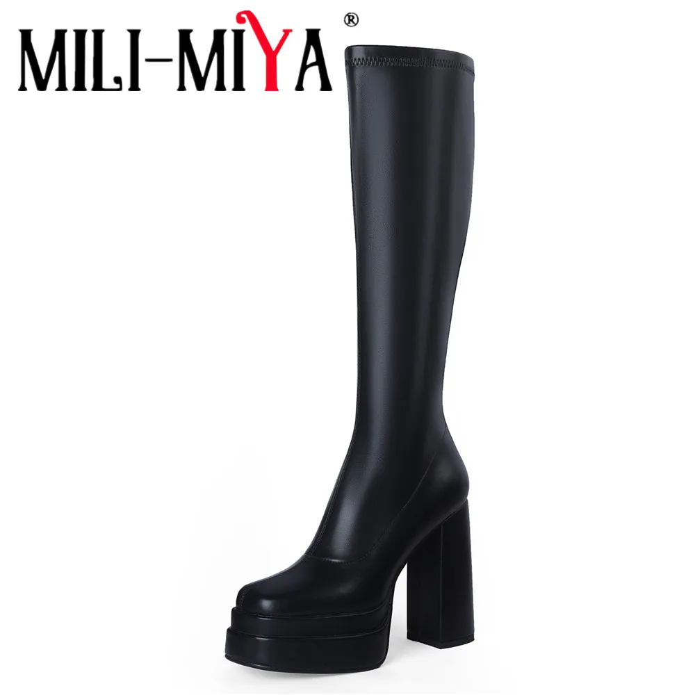 MILI-MIYA Women's Classic Platform Square-Toe Knee-High Boots With Calfskin Upper Stretch Leg Extra-High Chunky Heel Solid Color