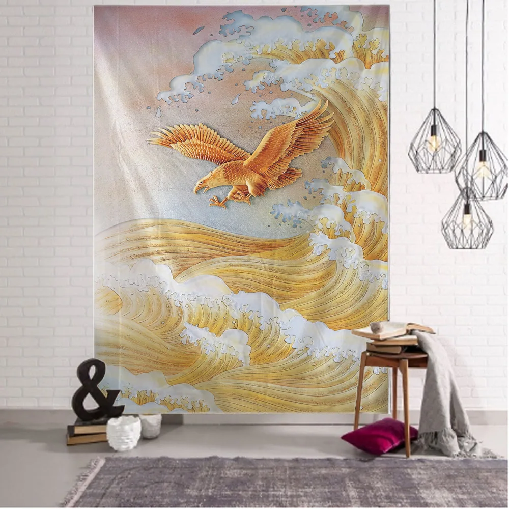 Eagle and Wave Oil Painting Printed Tapestry, Home Decoration Animal Background Posters, Living Room and Bedroom Fabric Murals