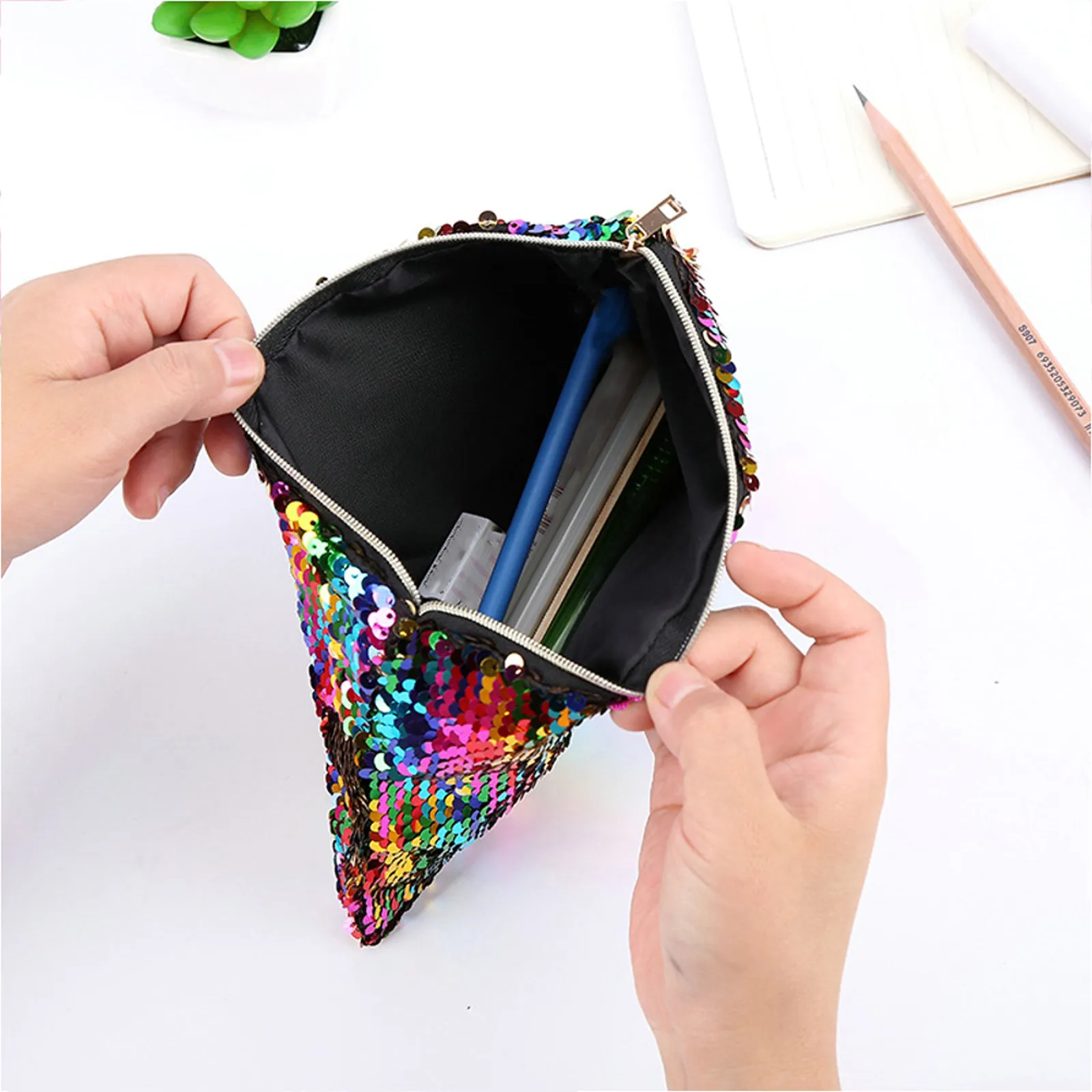 Glitter Sequin Pencil Case Rainbow Silver Multifunctional Zipper Bag Coin Pouch Pen Storage Stationery Organizer