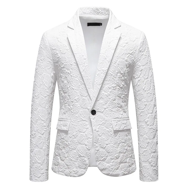 Men Floral Jacquard Blazer Slim Fit Rose Pattern Wedding Groomsman Singer Stage Show Formal Suit Jacket
