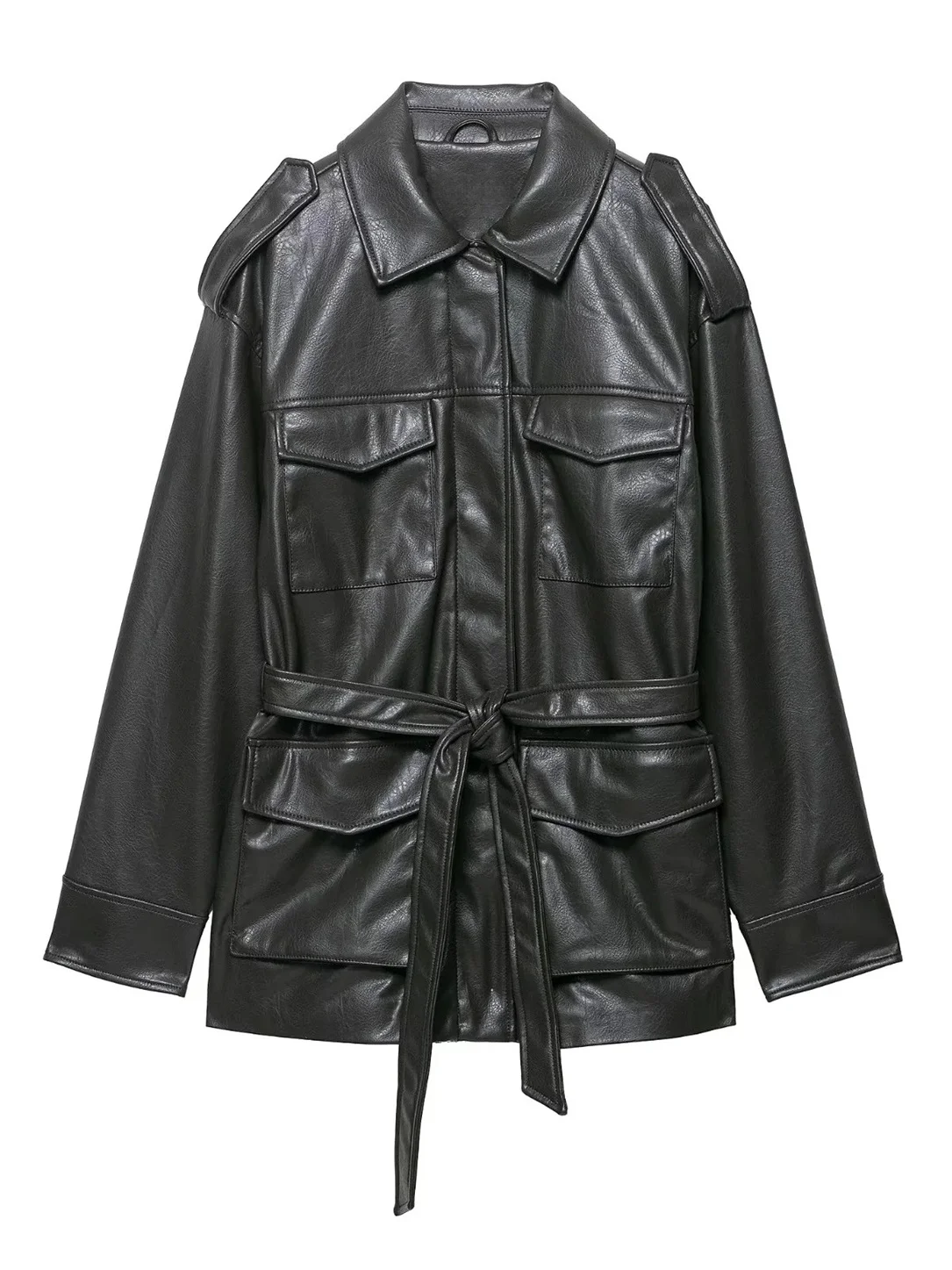 Nuevo otoño mujer Casual Sle Faionable cuero Jaet abrigo con cinturón Material de cuero PU diseño de cremallera larga Sve