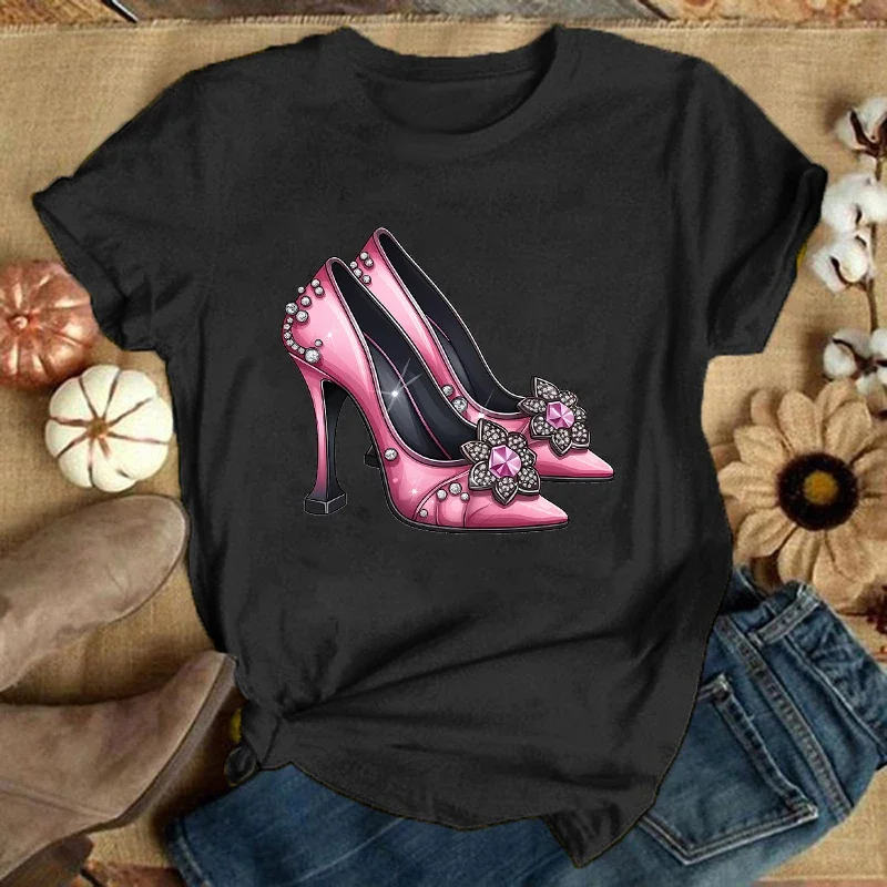 

FashionT-Shirt Pink High Heel Print Designed Summer Tops Tees