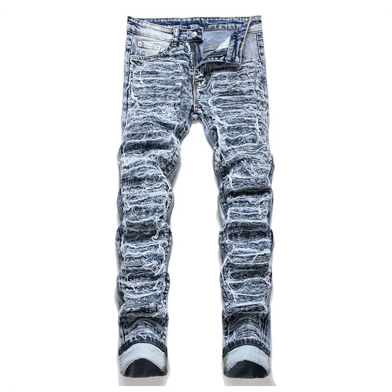 

Mcikkny Men Vintage Ripped Casual Jeans Pants Hip Hop Pleated Denim Trousers Patchwork