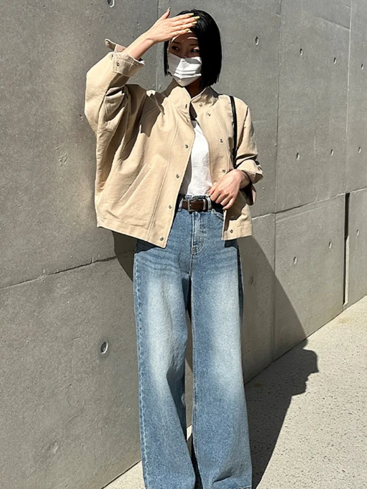 

Chic Vintage Stand Collar Long Sve Loose Women's Jaet ort Outerwear k Button Autumn New Arrival Versatile Fem