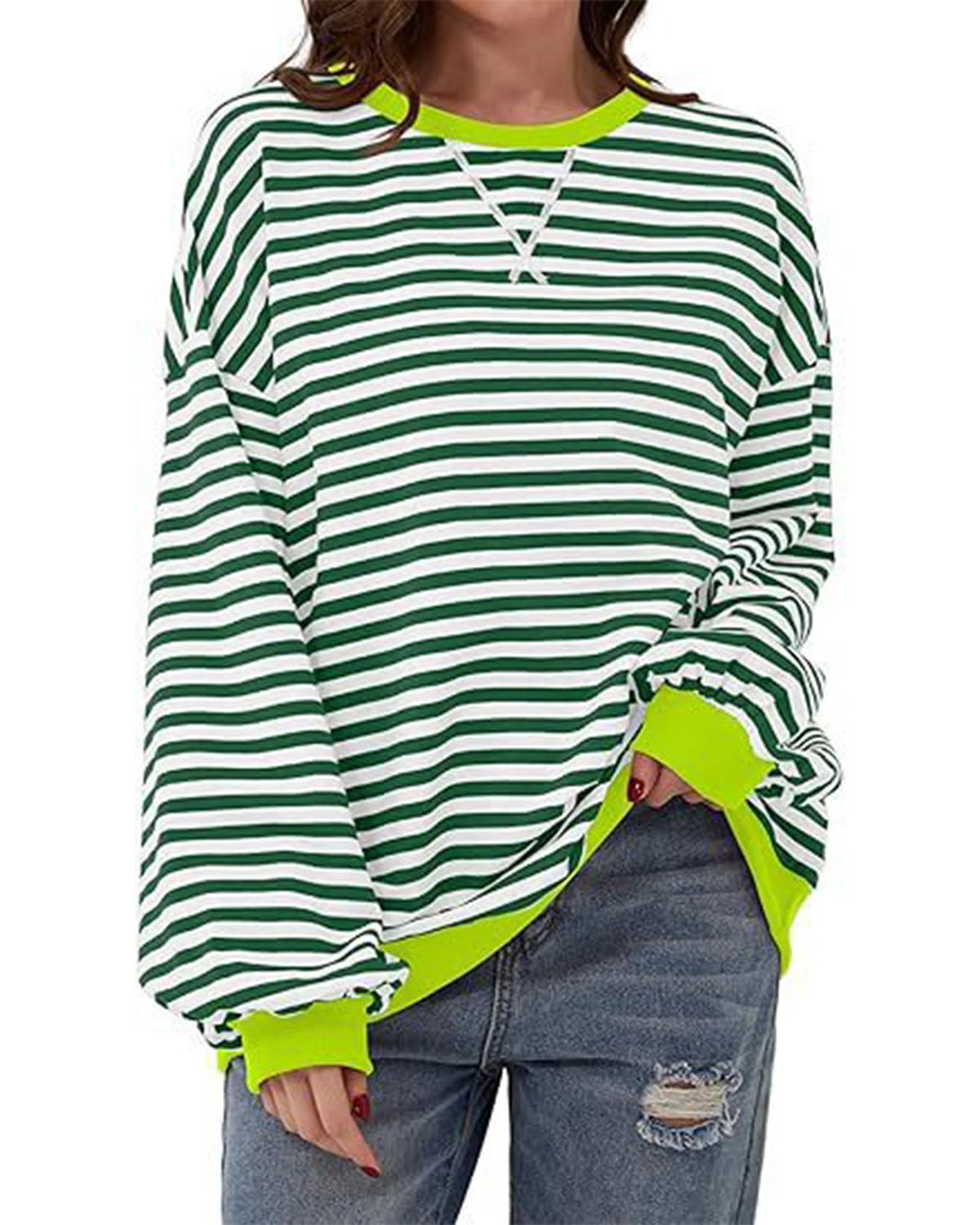 2024 Autumn and Winter Simple Home Leisure New Style Striped Pattern Round Neck Trendy Long Sleeve Hoodie Color blocked T