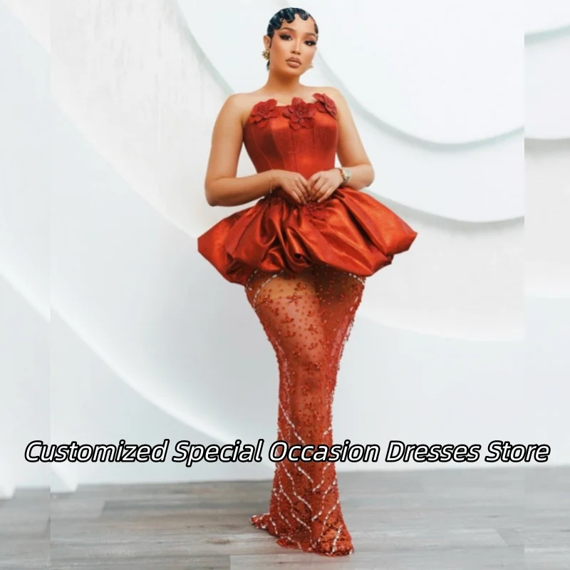 فساتين سهرة برتقالية أفريقية بدون حمالات، زينة مطرزة رائعة، شفافة من خلال تول لحفلات الزفاف، فساتين حفلات مخصصة