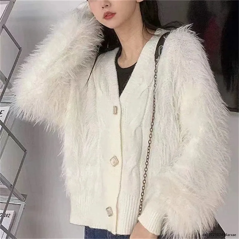 Imitation Mink Wool Spliced Sweater Cardigan Women Autumn Winter New Thickened Loose Relaxed V-neck Knitted Shirt Coat Trend