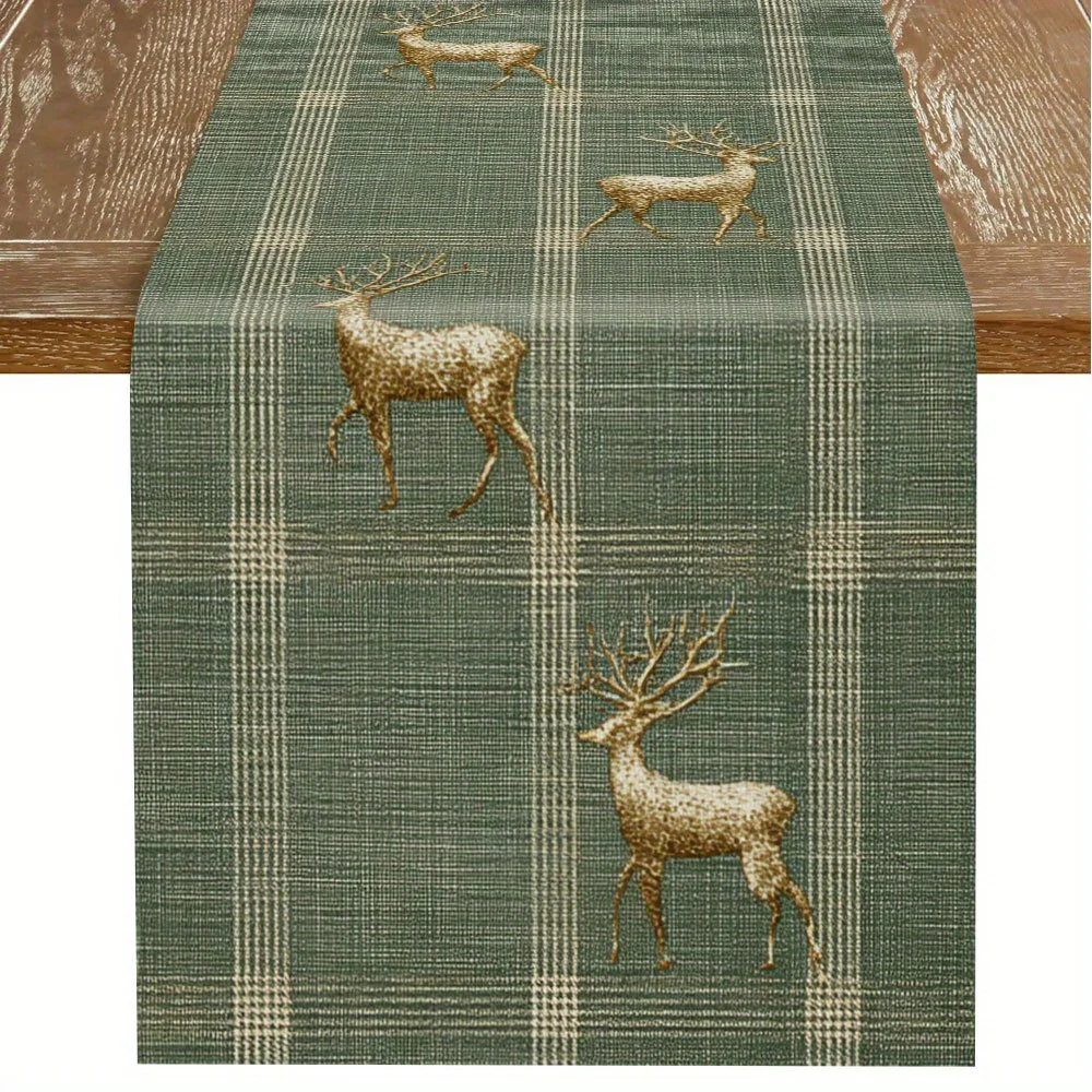 

1 шт., праздничная рождественская дорожка для стола с золотым оленем, зимний декор в клетку, идеально подходит для рождественской сервировки домашнего стола и праздника