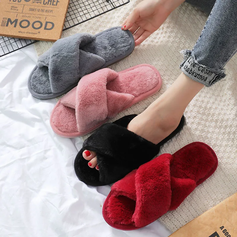 

Cross Band Fur Slippers for Women Fluffy Open Toe Shoes Plush Flat Home Fuzzy Floor Slipper Woman Cozy Warm Soft Sole Wholesale