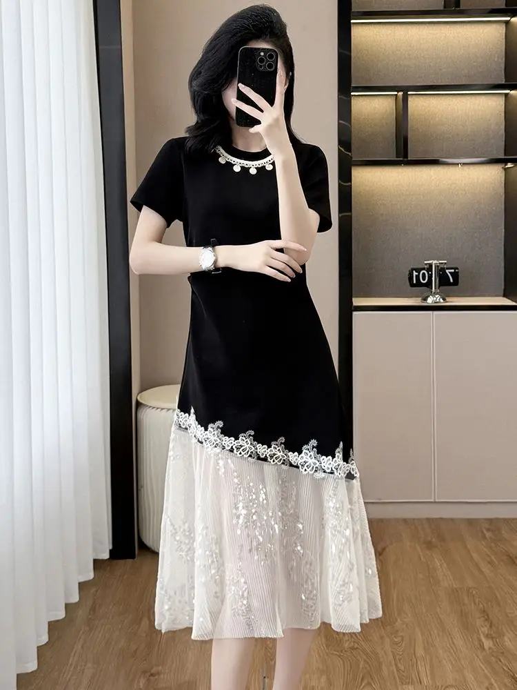 

Women's French Graceful Black Mesh Patchwork Mermaid Midi Dress Lady Summer Fashion Shiny Sequins Trumpet Dresses 2025 Clothing