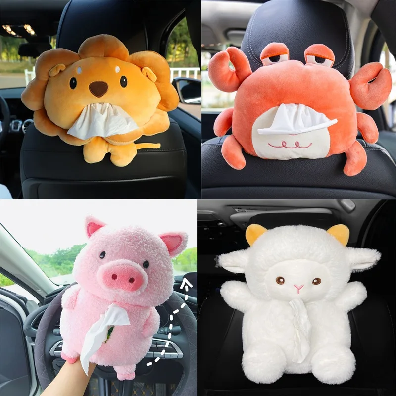 Caja de pañuelos creativa de dibujos animados para coche, caja de servilletas de papel, soporte de servilletas para asiento trasero de coche, Corgi, culo, cangrejo, León, hámster, oveja
