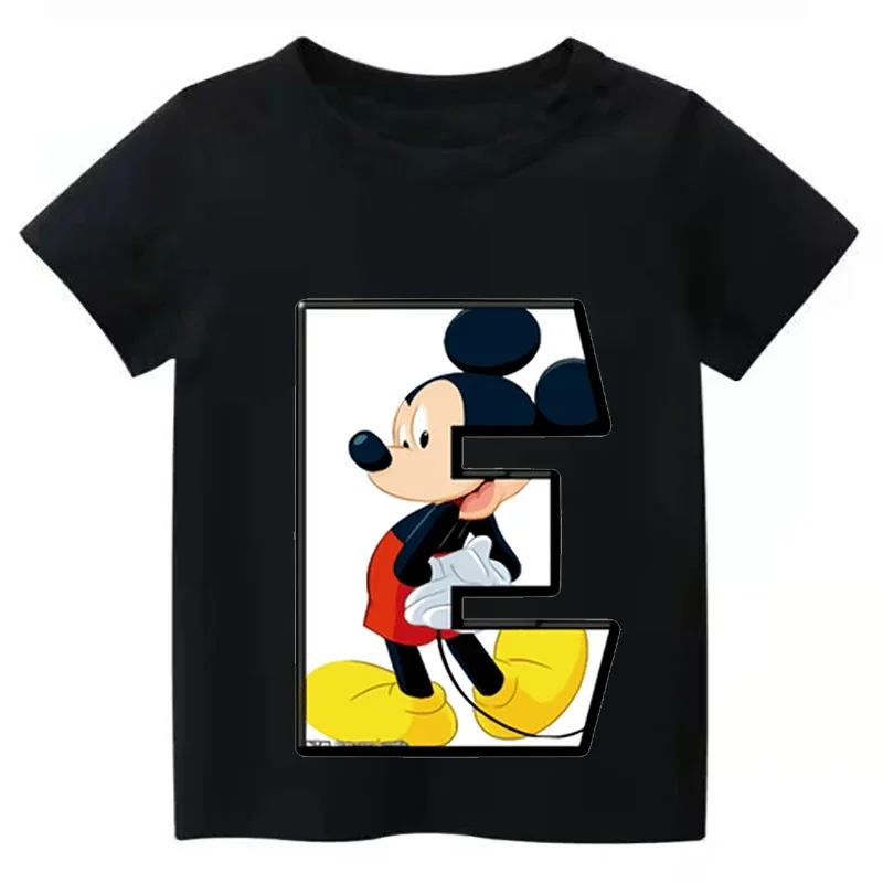 2024 New Summer Letter Combination Children High Quality T-shirt Disney Mickey Mouse Font A B C D E F Short Sleeve Kids Tshirt