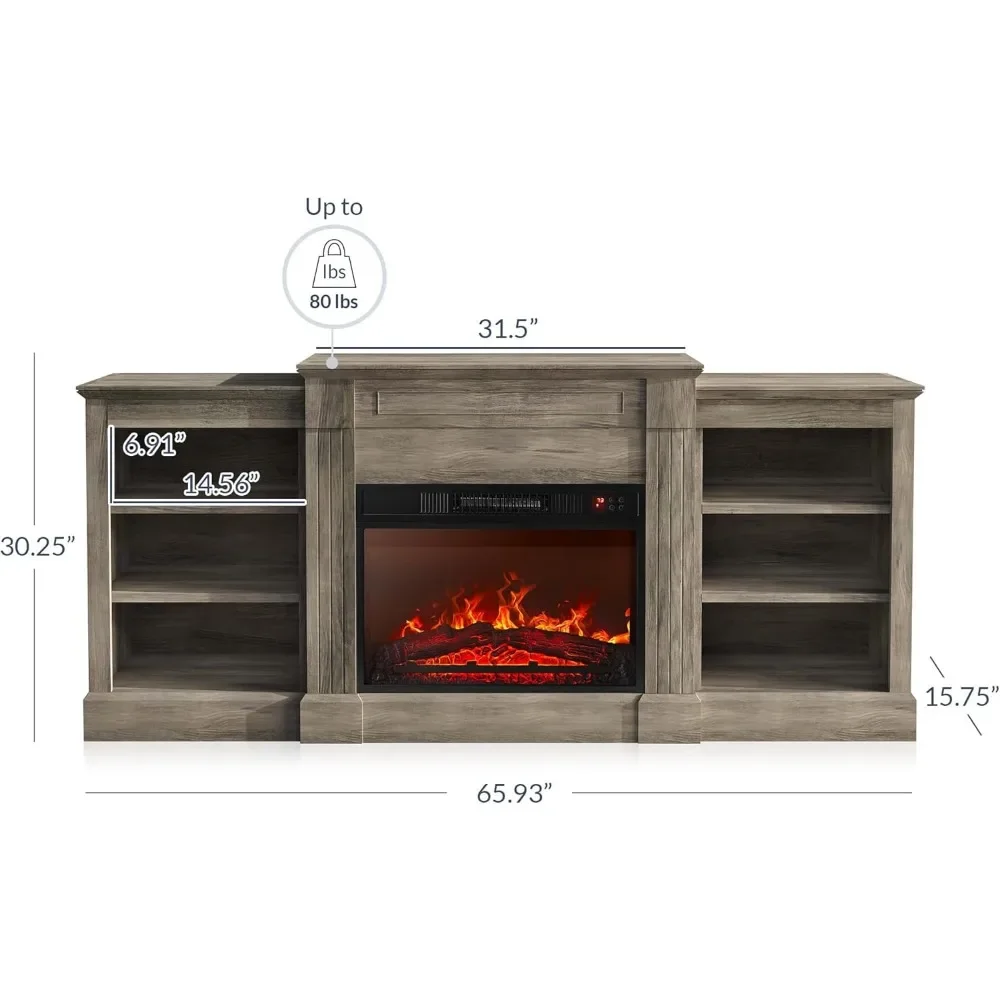 Modern 66" Electric Fireplace Heater Mantel TV Stand & Media Entertainment Center for TVs up to 66" with Energy-Efficient Heater