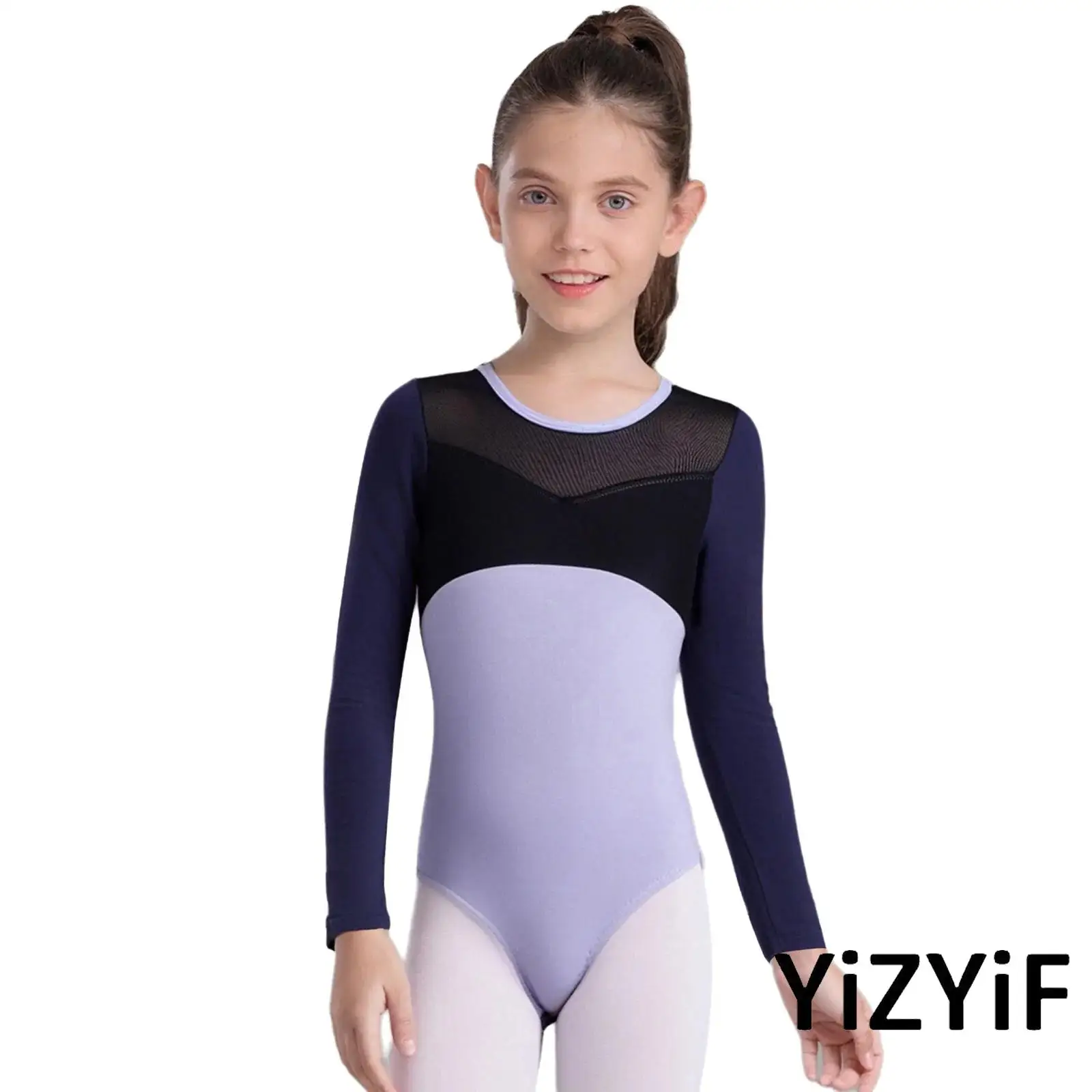 

Купальник для фигурного катания на коньках для девочек, лирический танцевальный трико с длинными рукавами и пуговицами в промежности, прозрачное сетчатое боди для балета, танцевальной практики