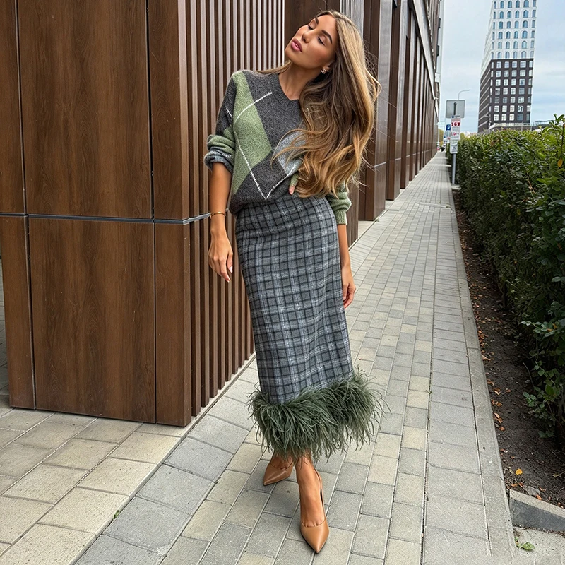 Elegant Vintage Check Skirt Romantic Designers Chic Stylish Female Fall Bottom Trendy Classic Fall Women Streetwear