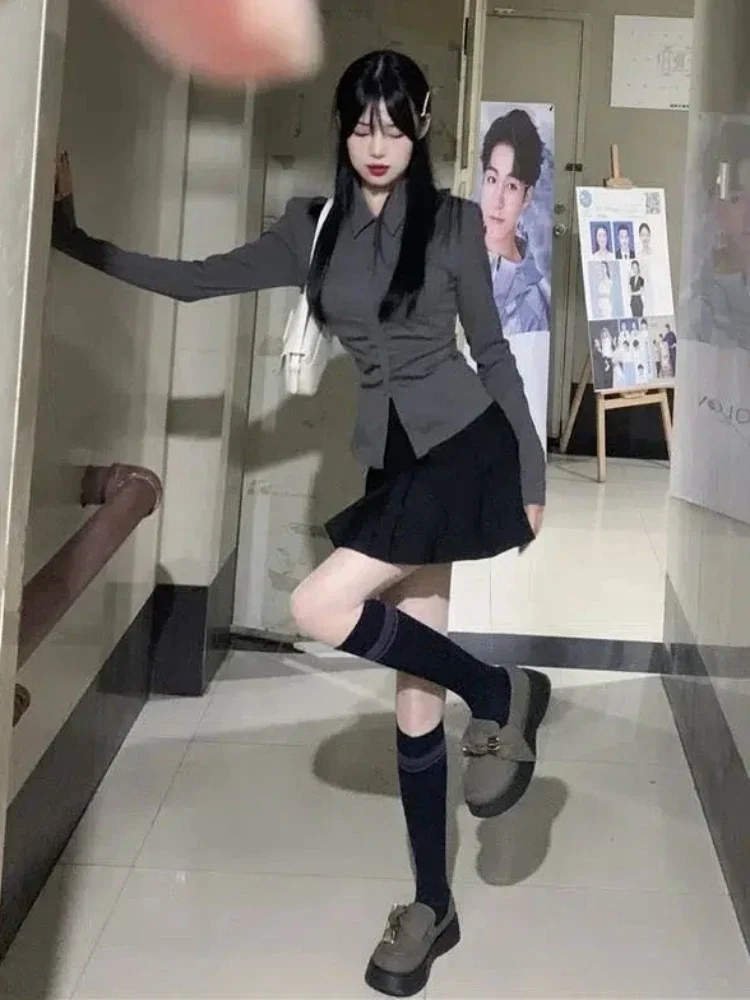 Camisas cortas de estilo Preppy para mujer, Túnica de moda coreana en el interior, Tops informales de manga larga, estética de primavera, combina con todo, Vintage Ulzzang