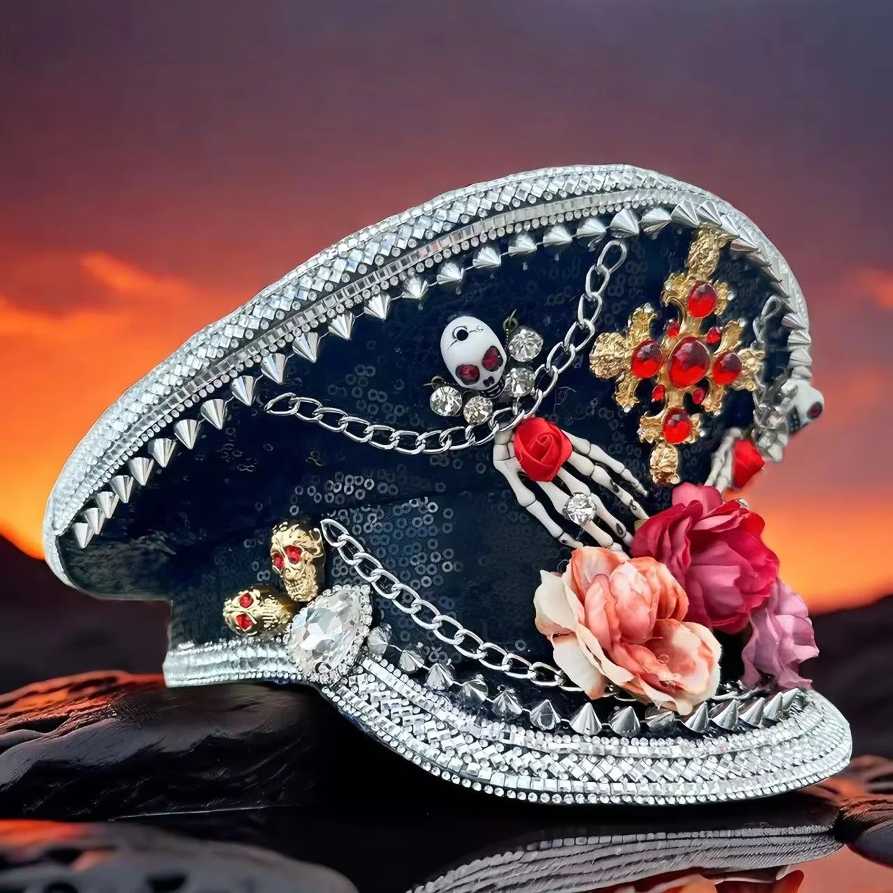 HongLuan  Halloween Costume Hat, Captain Hats Rhinestone for Burning Man Festival Woman, Cosplay Female Accessories