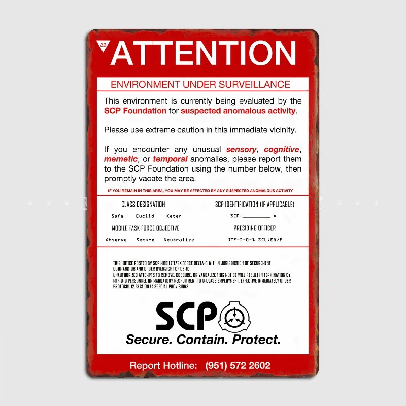 SCP Attention Poster Metal Plaque Cinema Kitchen Mural Funny Wall Decor Tin Sign Posters Room Decor