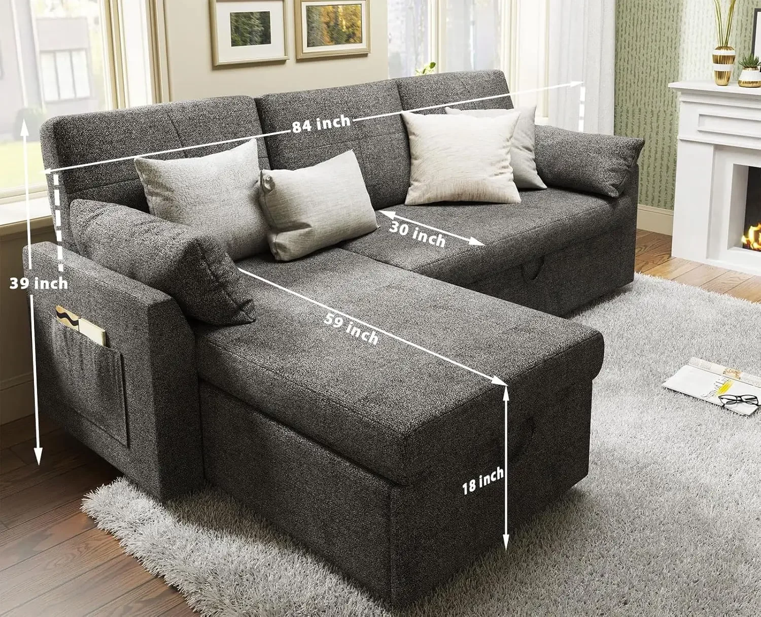 Vanacc Sleeper Sofa, Sofa Bed- 2 In 1 Pull Out Couch Bed With Storage Chaise For Living Room, Sofa Sleeper With Pull Out Bed