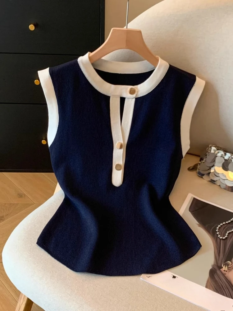 

Small Fragrance Sweater Vest O Neck Sleeveless Hollow Out Contrast Color Knit Tops Fashion Elegant Vintage Slim Women's Clothing