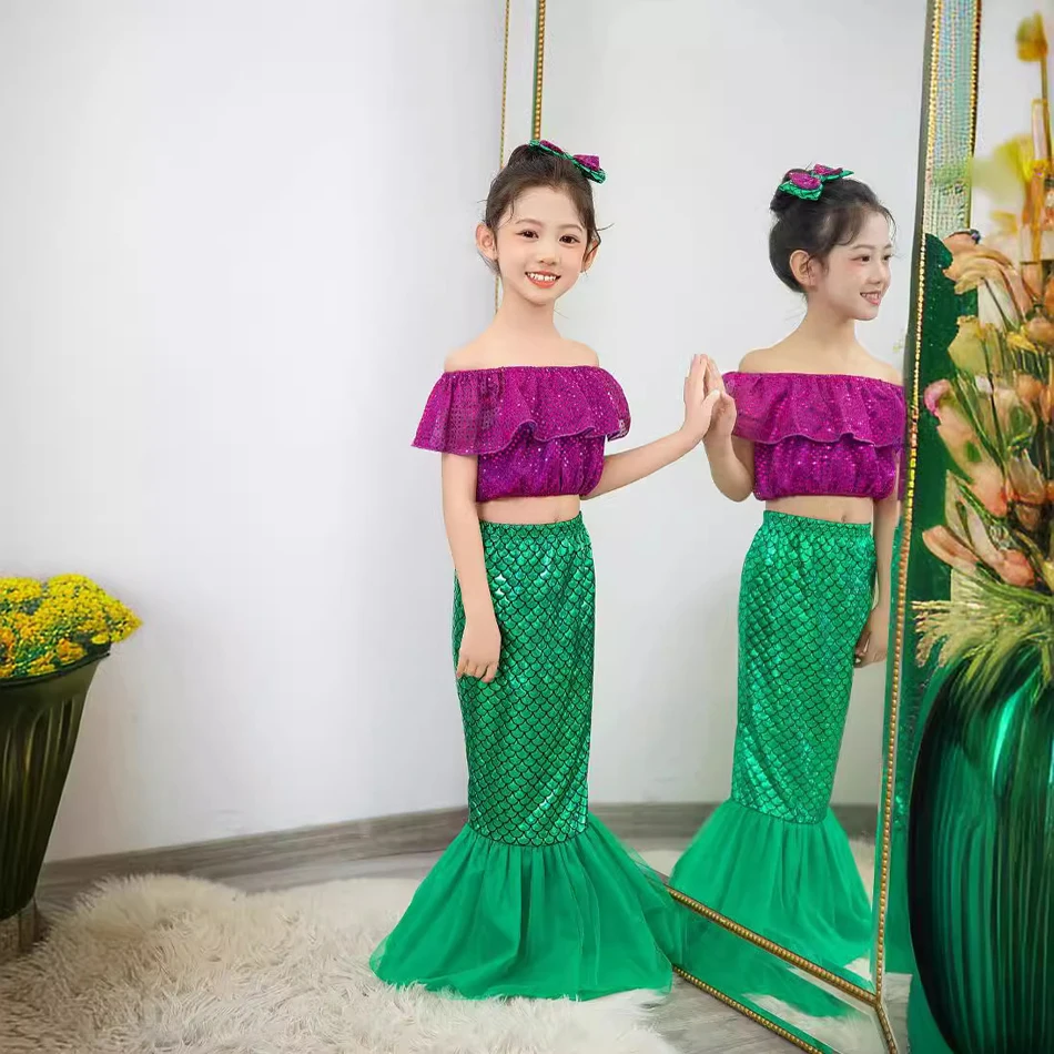 Disney putri duyung Ariel gaun Anak Halloween putri Cosplay ikan peri gadis pesta ulang tahun pakaian Set hadiah dengan klip 2-8 tahun