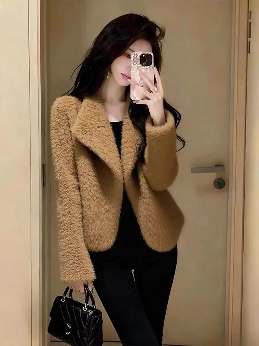

Карамельная шерстяная куртка из меха ягненка для женщин: зимняя элегантность, роскошь, модный утепленный длинный рукав, шерстяная верхняя одежда в женственном стиле