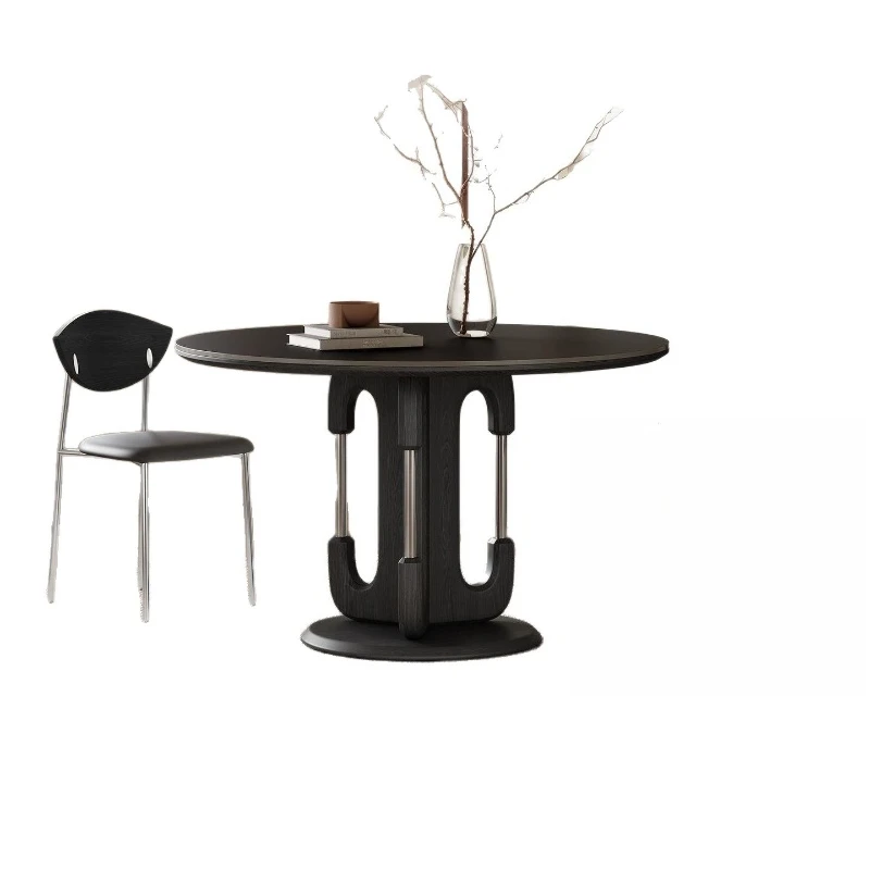 Solid wood household round turntable telescopic, modern French minimalism, retro wind rock slab dining table
