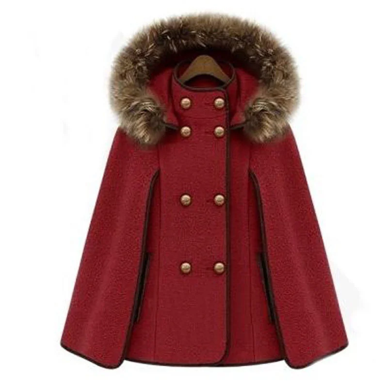 

Women Detachable Hooded Faux Fur Collar Wool Coat Double Breasted Shawl Cape Cashmere Jacket Female Winter Clothes Windbreaker