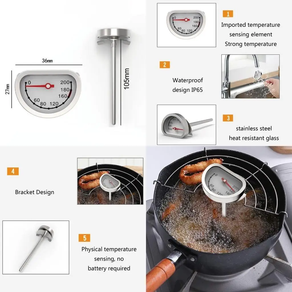 

G6KF Steel & Glass Stem Thermometer Cooking Thermometer for Deep Fry Kitchen